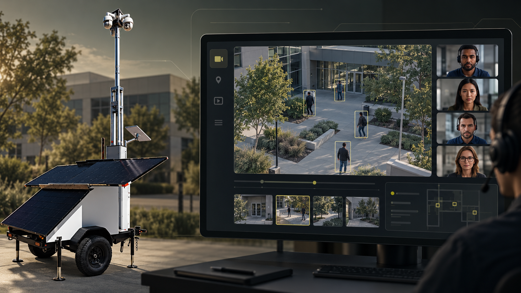 AI-enabled surveillance system concept showing mobile monitoring tower and interface
