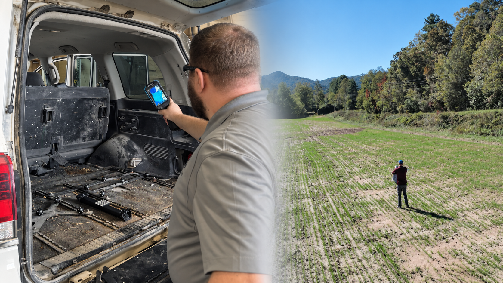 Photo-based collage of equipment documentation and aerial field imagery
